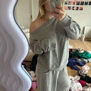 Off the shoulder grey sweatshirt